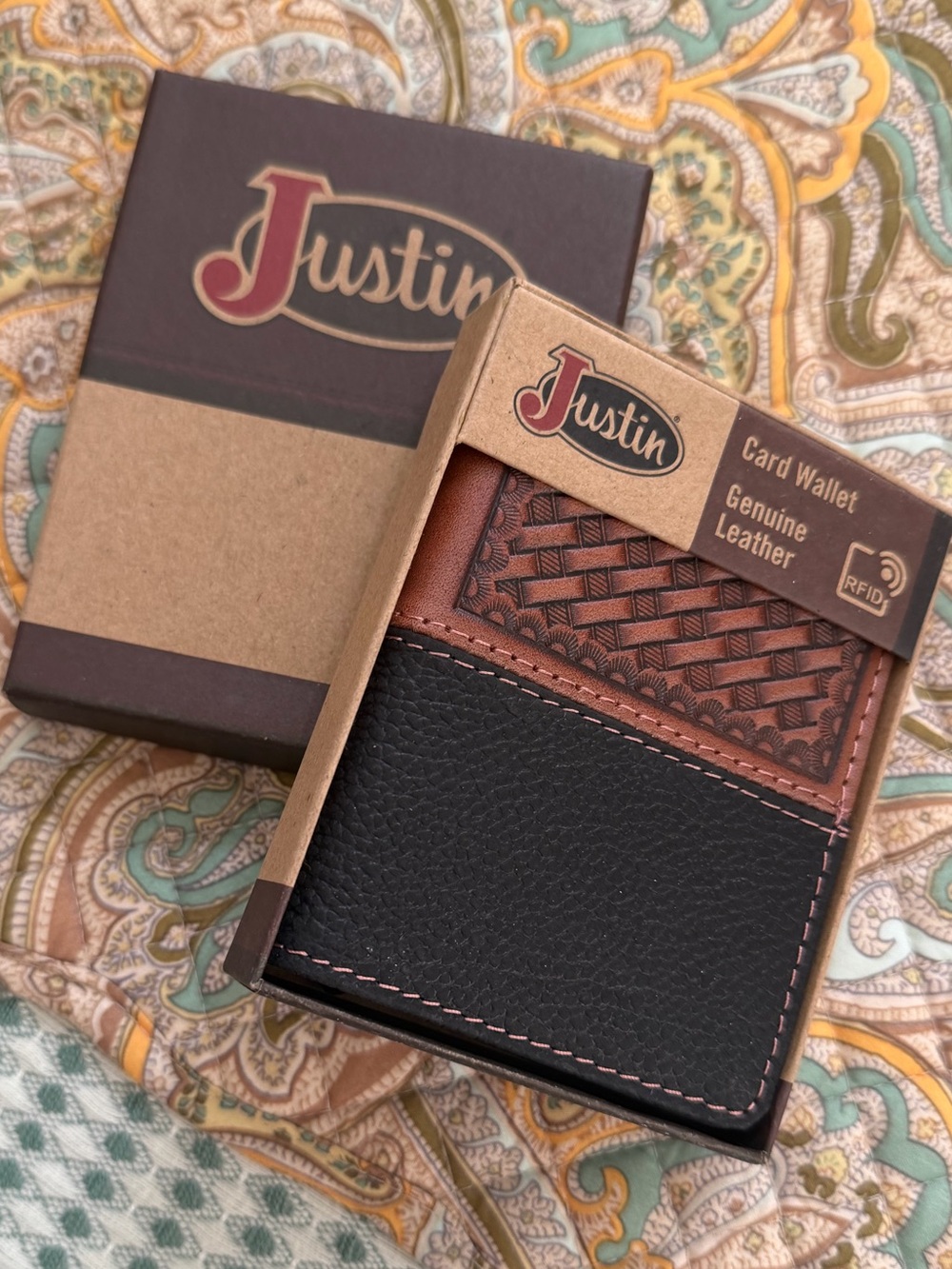 Justin Boots Black and Brown Woven Leather Card Wallet